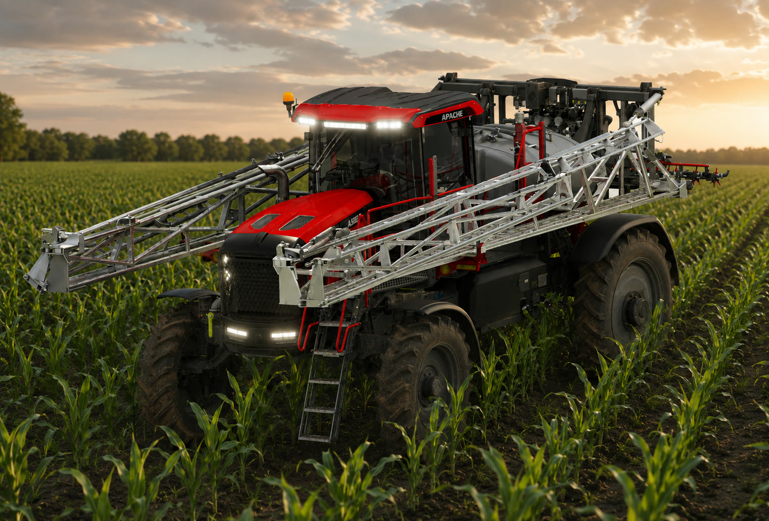 Apache AS860 in corn at sunset with booms folded